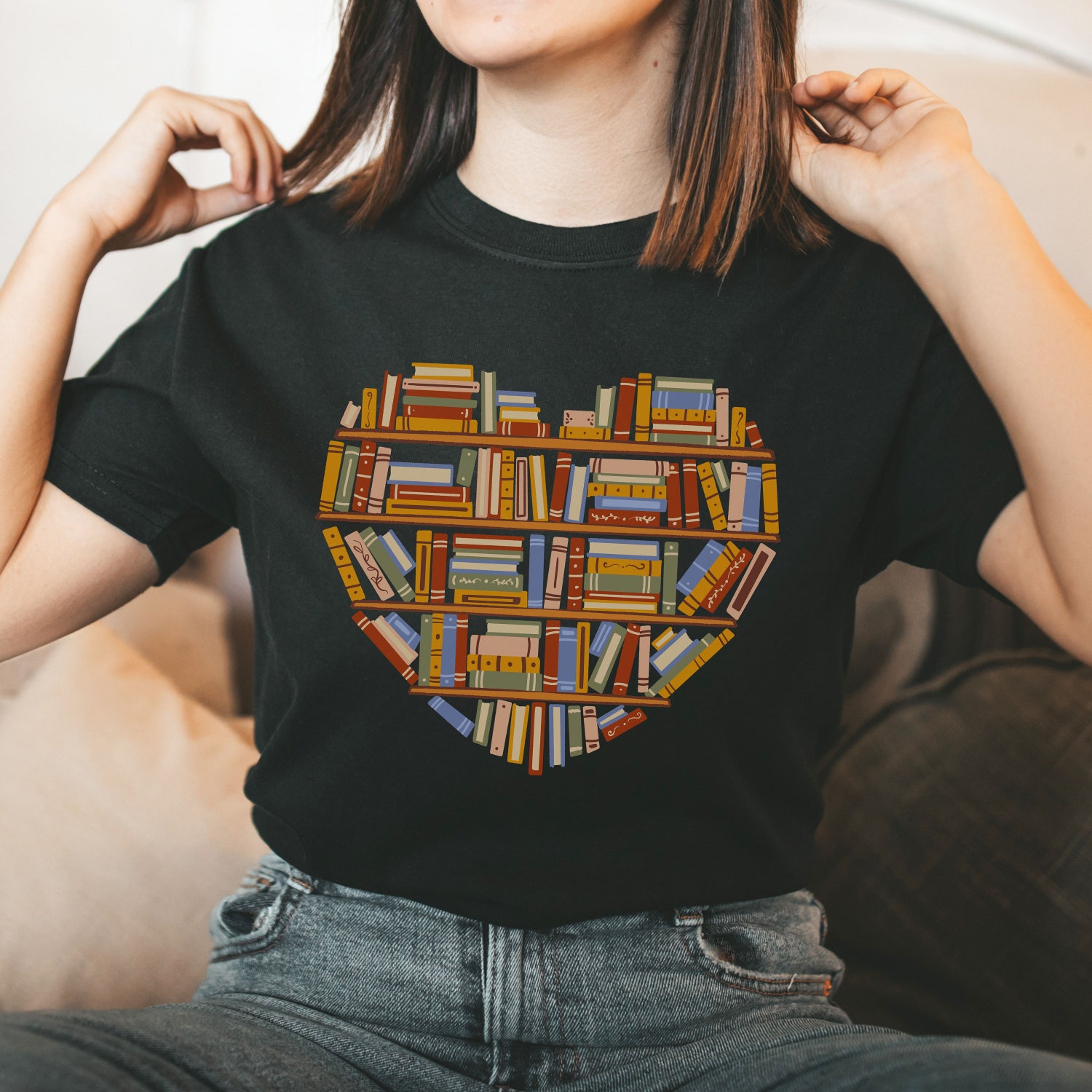 Book Lover Librarian Shelf Literary Christmas Birthday Heart Cute Shirt image 2