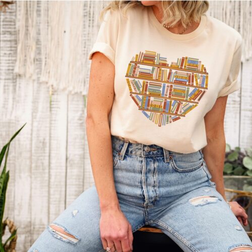 Book Lover Librarian Shelf Literary Christmas Birthday Heart Cute Shirt image 0