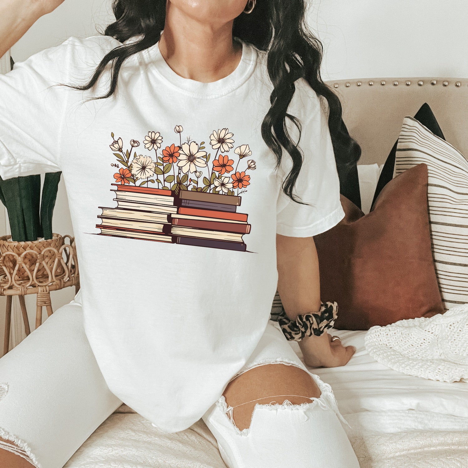 Flowers Book Lover Reading Floral Women Teacher Librarian Literary Shirt image 2