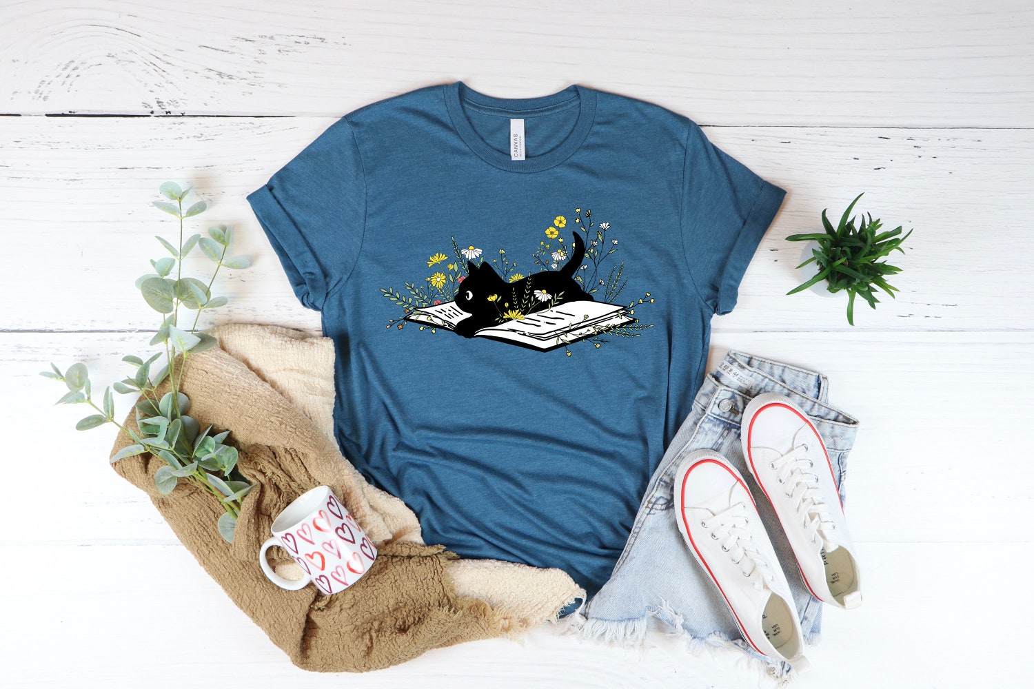 Custom Cute Cat Book Lover Reader Floral Art Flower Botanical Nerd Shirt image 2