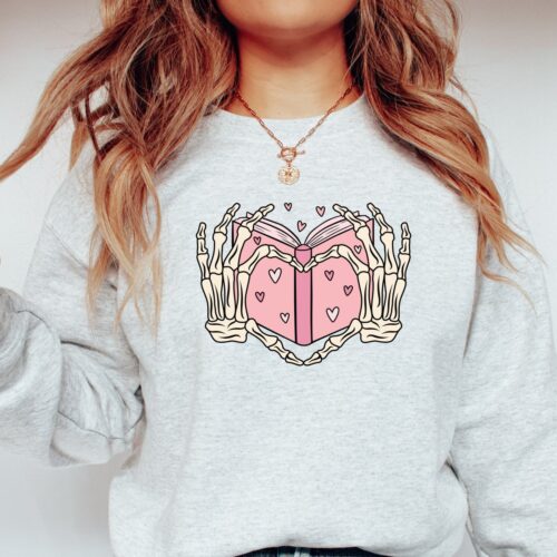 Book Lover Valentine's Day Heart Sign Women's Bones Hand Cute Sweatshirt image 0