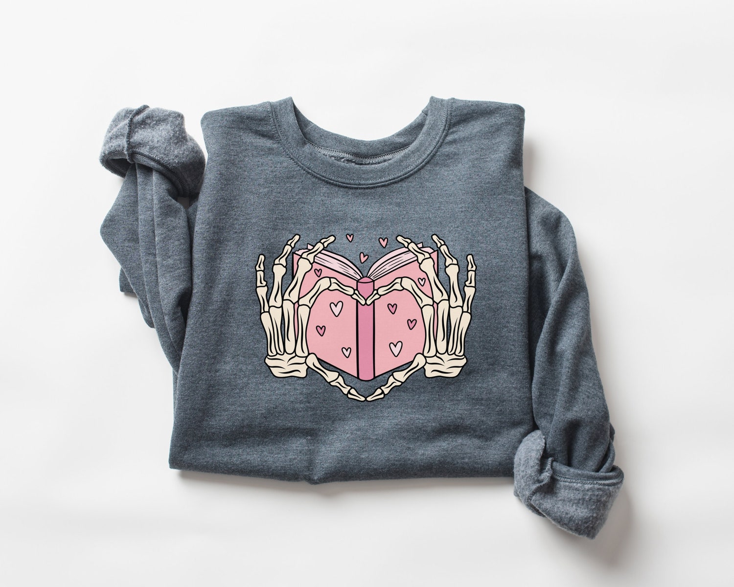 Book Lover Valentine's Day Heart Sign Women's Bones Hand Cute Sweatshirt image 3