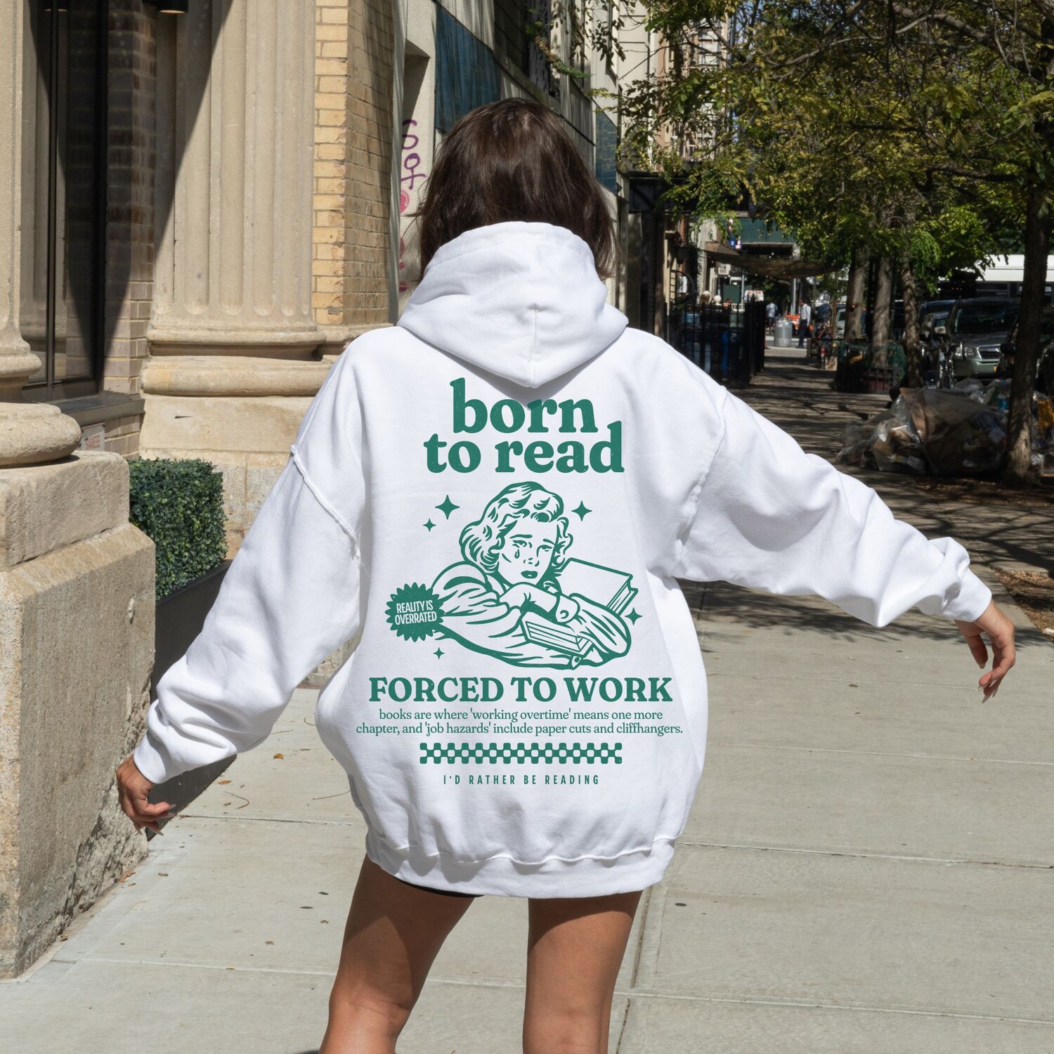 Born To Read Hoodie Forced To Work Funny Bookish Lover Women Sweatshirt image 1