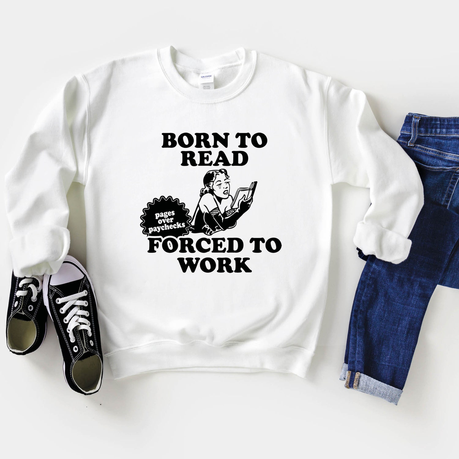 Born To Read Bookish Forced To Work Pages Over Paycheck Addict Dark Romance Sweatshirt image 4