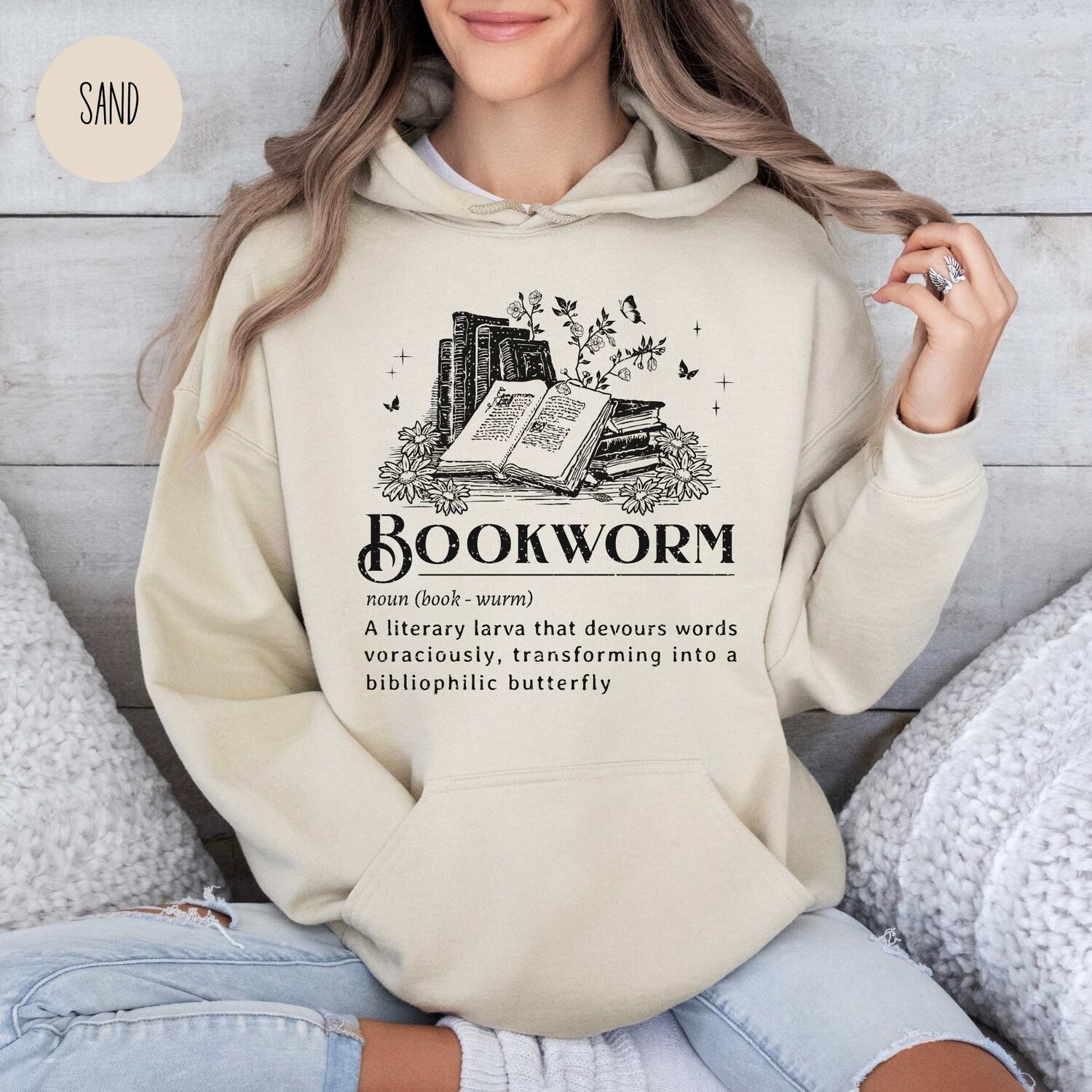 Vintage Bookworm Definition Lovers Reading Bibliophiles Floral Girly Hoodie image 2