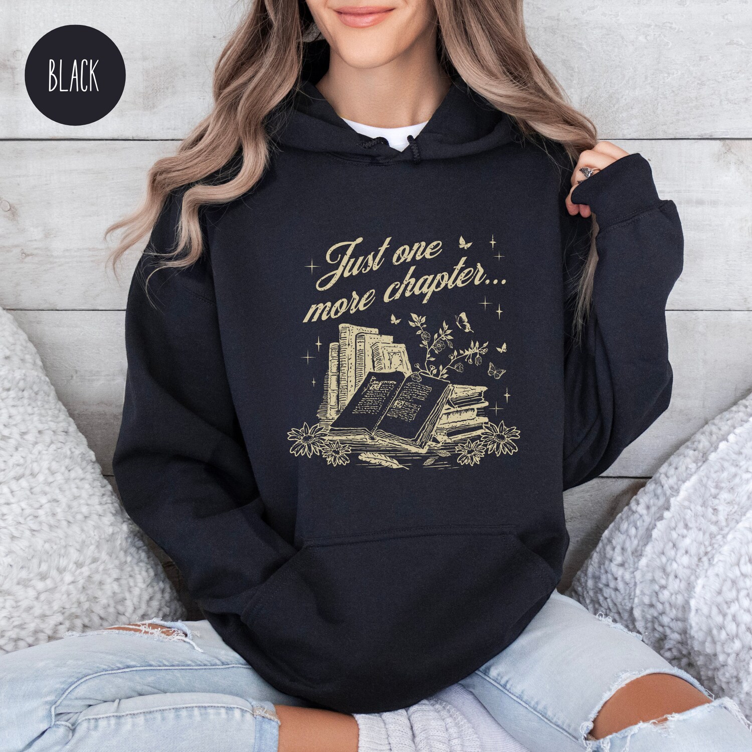 Vintage Just One More Chapter Book Lovers Reading Bibliophiles Floral Girly Hoodie image 1