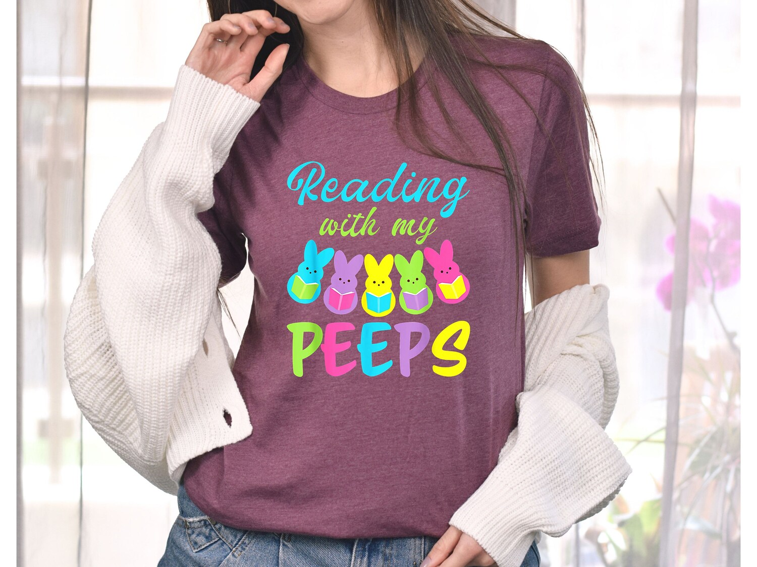 Reading With My Peeps Funny Easter Book Reading Bunny Family Cute Shirt image 1