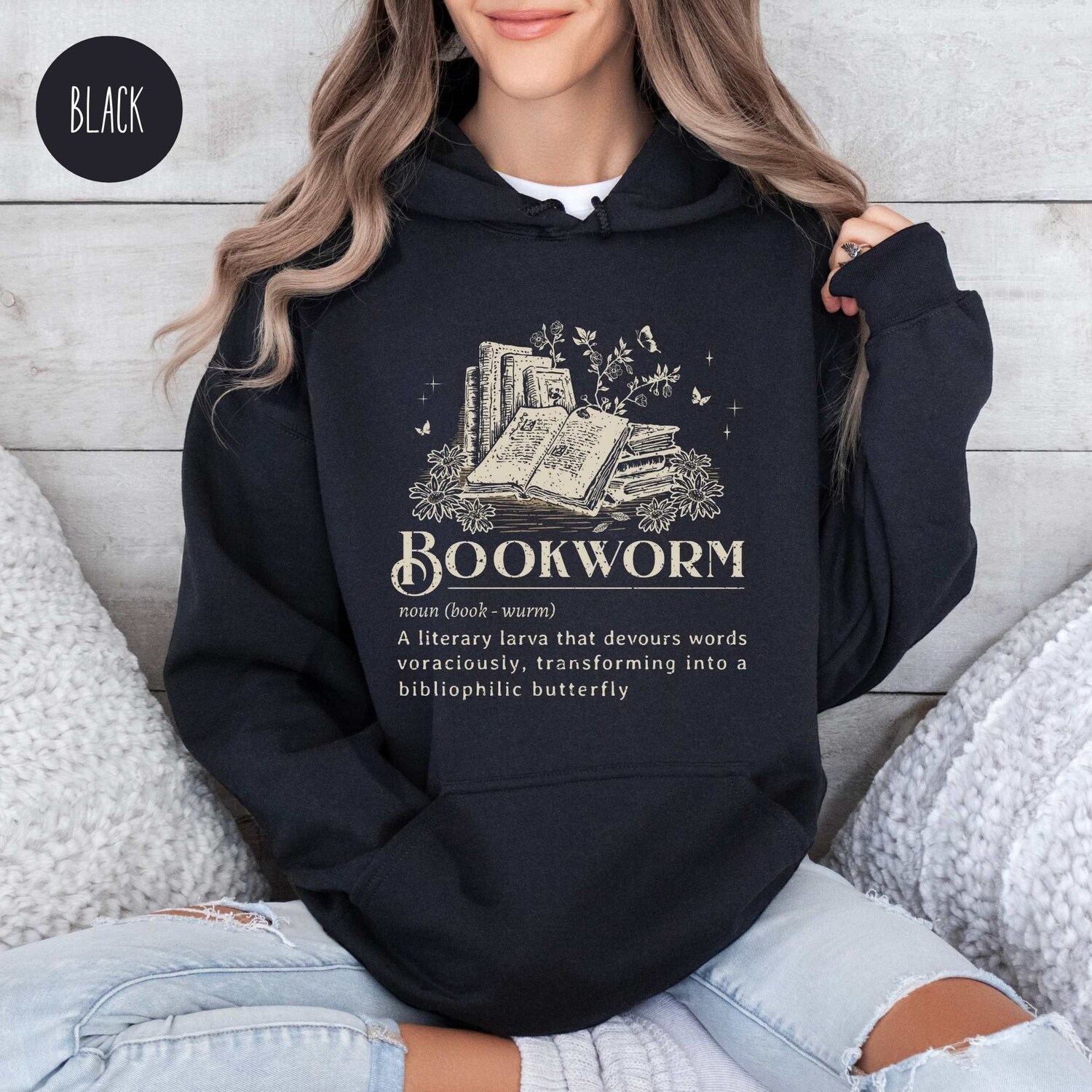 Vintage Bookworm Definition Lovers Reading Bibliophiles Floral Girly Hoodie image 1