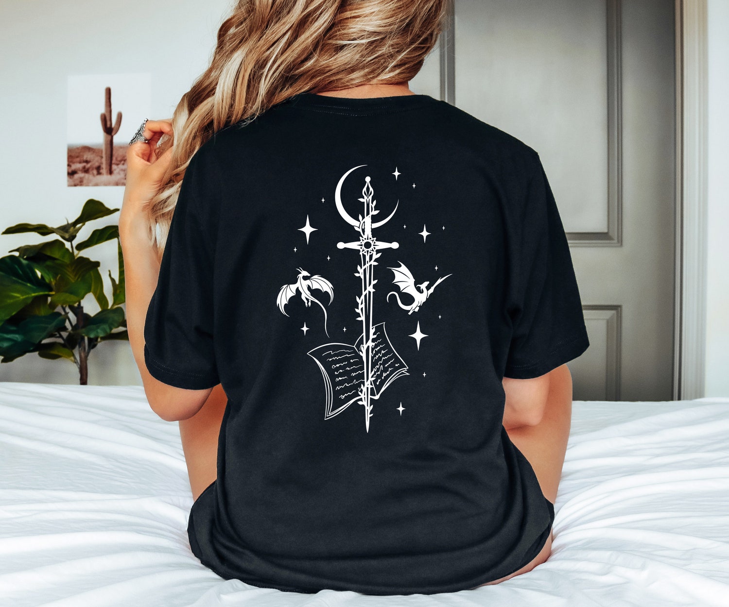 Sword And Dragons Flying Mystical Celestial Fantasy Book Lover Reader Shirt image 2