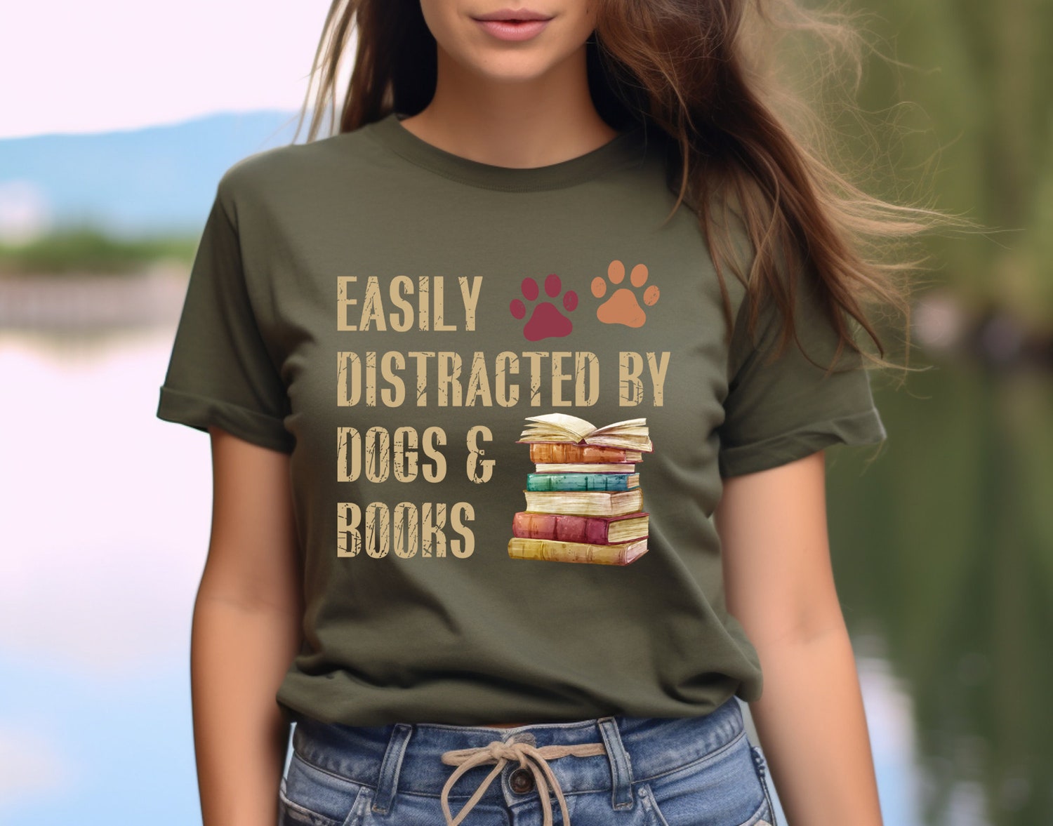 Easily Distracted By Dogs And Books Lover Funny Reader Librarian Shirt image 4