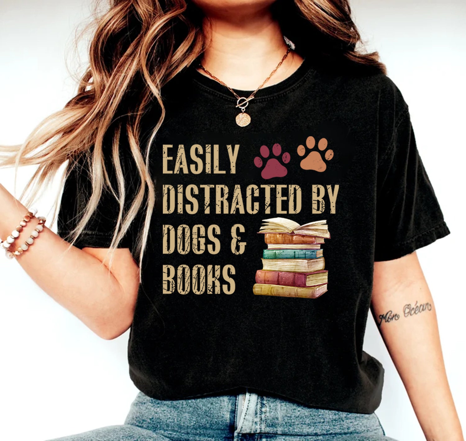 Easily Distracted By Dogs And Books Lover Funny Reader Librarian Shirt image 1