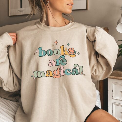 Retro Books Are Magical Cute Teacher Lover Reading Group Librarian Sweatshirt image 0