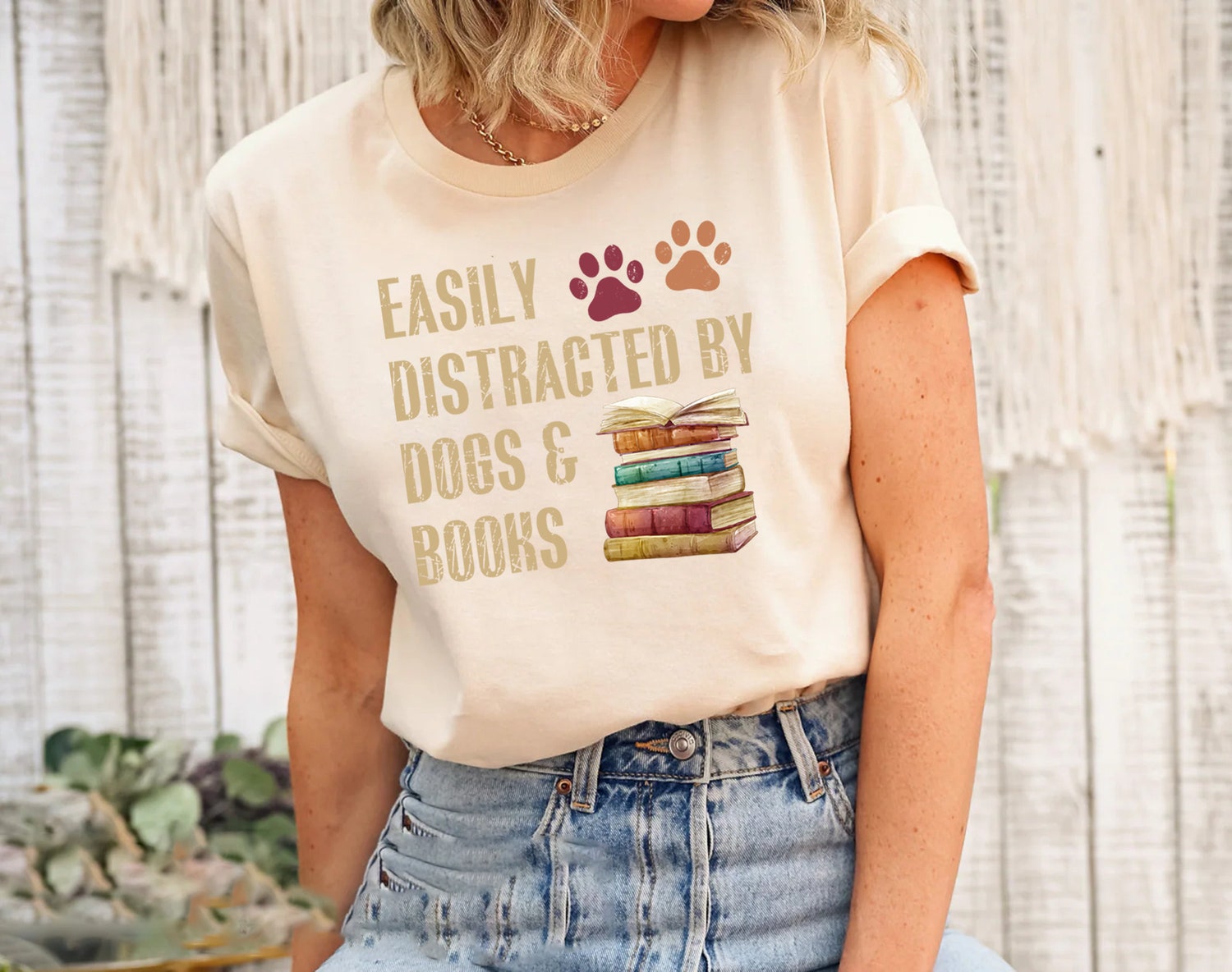 Easily Distracted By Dogs And Books Lover Funny Reader Librarian Shirt image 2