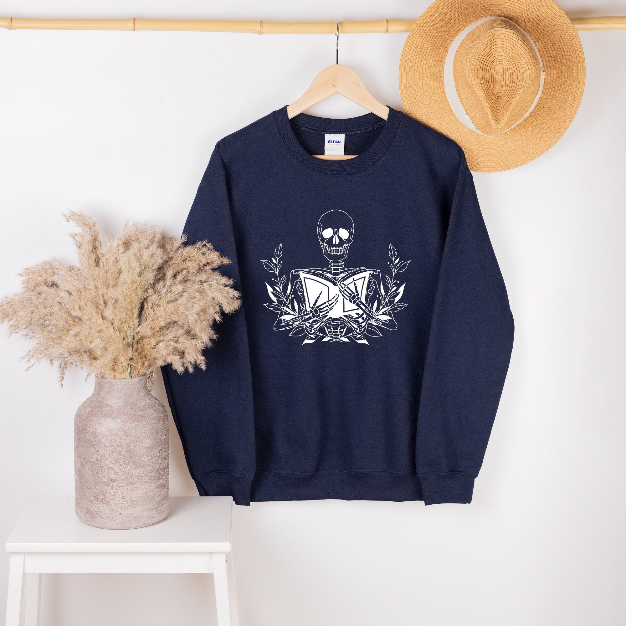 Skeleton With Book Reading Lovers Librarian Women's Halloween Sweatshirt image 2