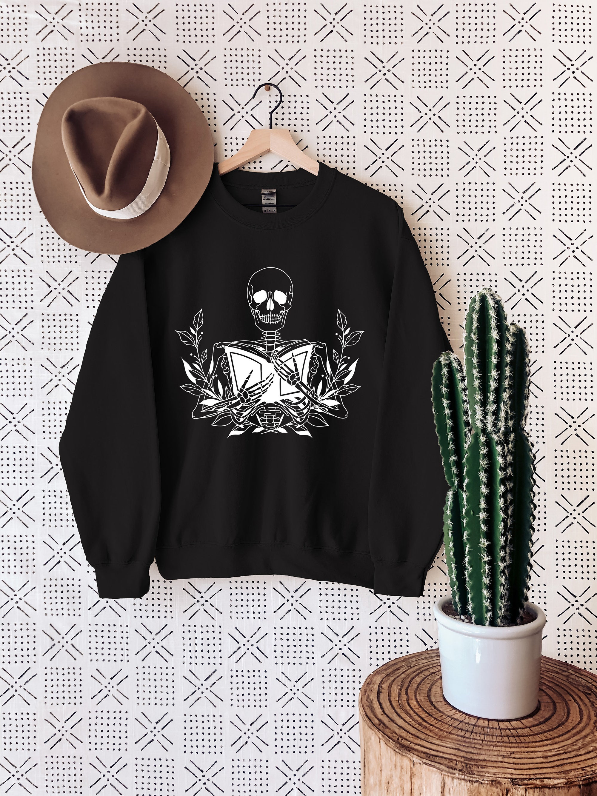 Skeleton With Book Reading Lovers Librarian Women's Halloween Sweatshirt image 3