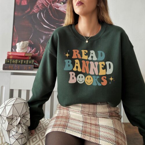 Retro Read Banned Books Literature Librarian Indie Smiley Face Sweatshirt image 0