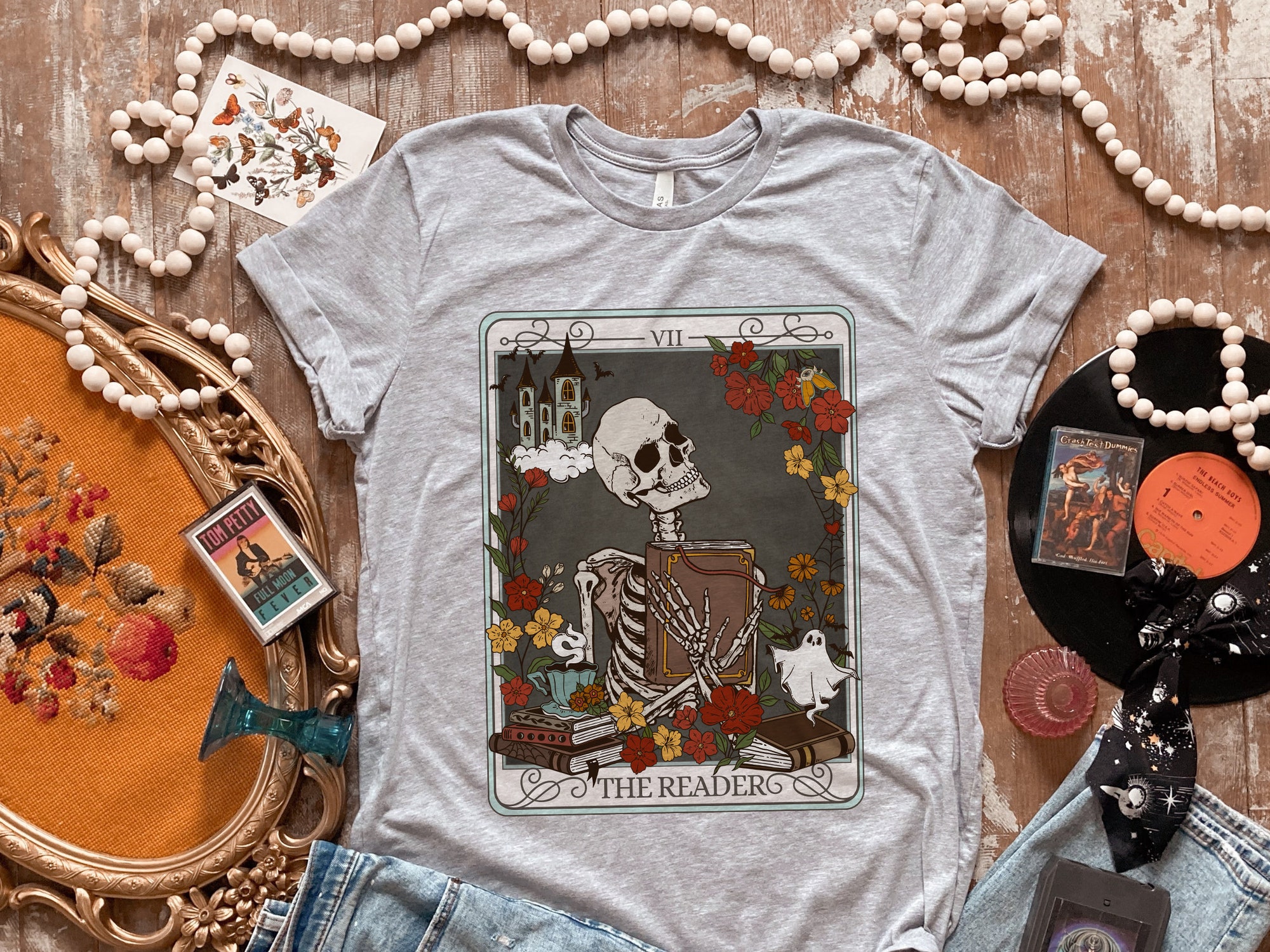 The Reader Tarot Card Bookish Witchy Stuff Mystical Literature Skeleton Librarian Shirt image 1