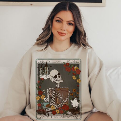 The Reader Tarot Card Skeleton Ghost Halloween Book Lover Women's Sweatshirt image 0