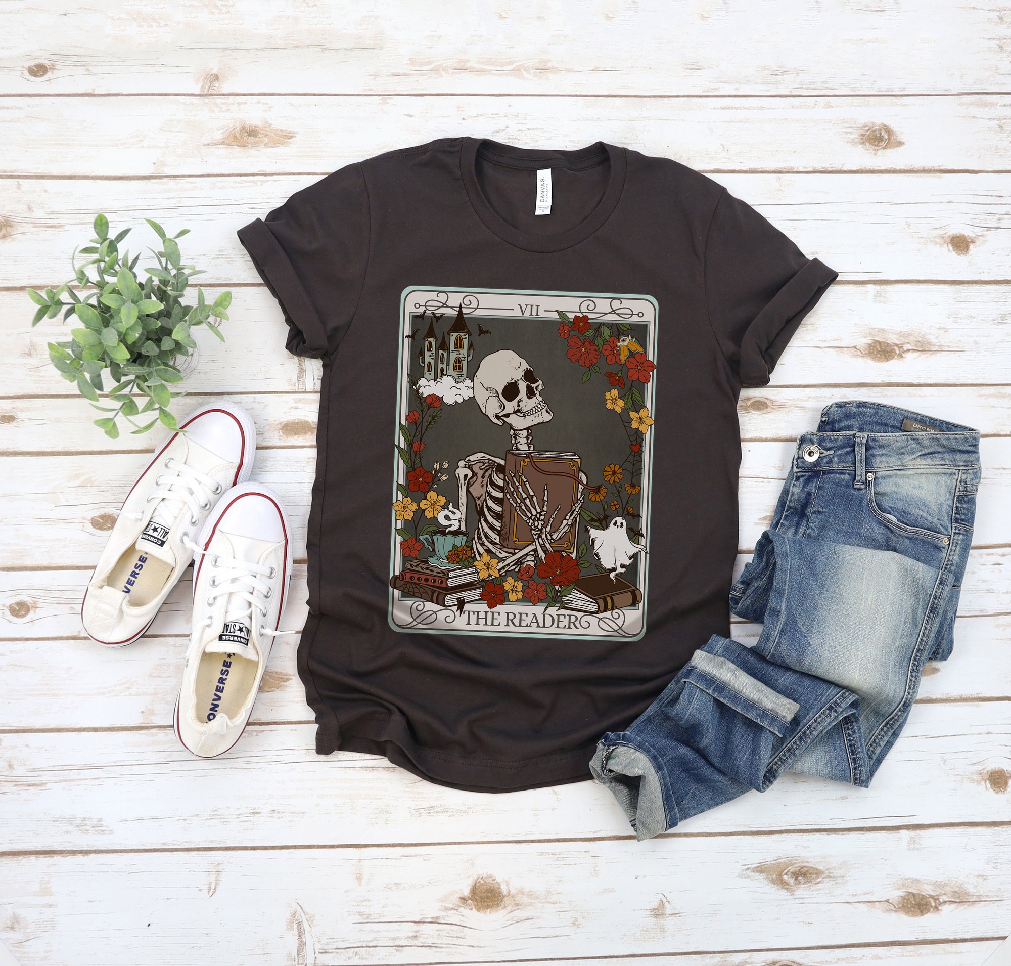 The Reader Tarot Card Bookish Witchy Stuff Mystical Literature Skeleton Librarian Shirt image 5