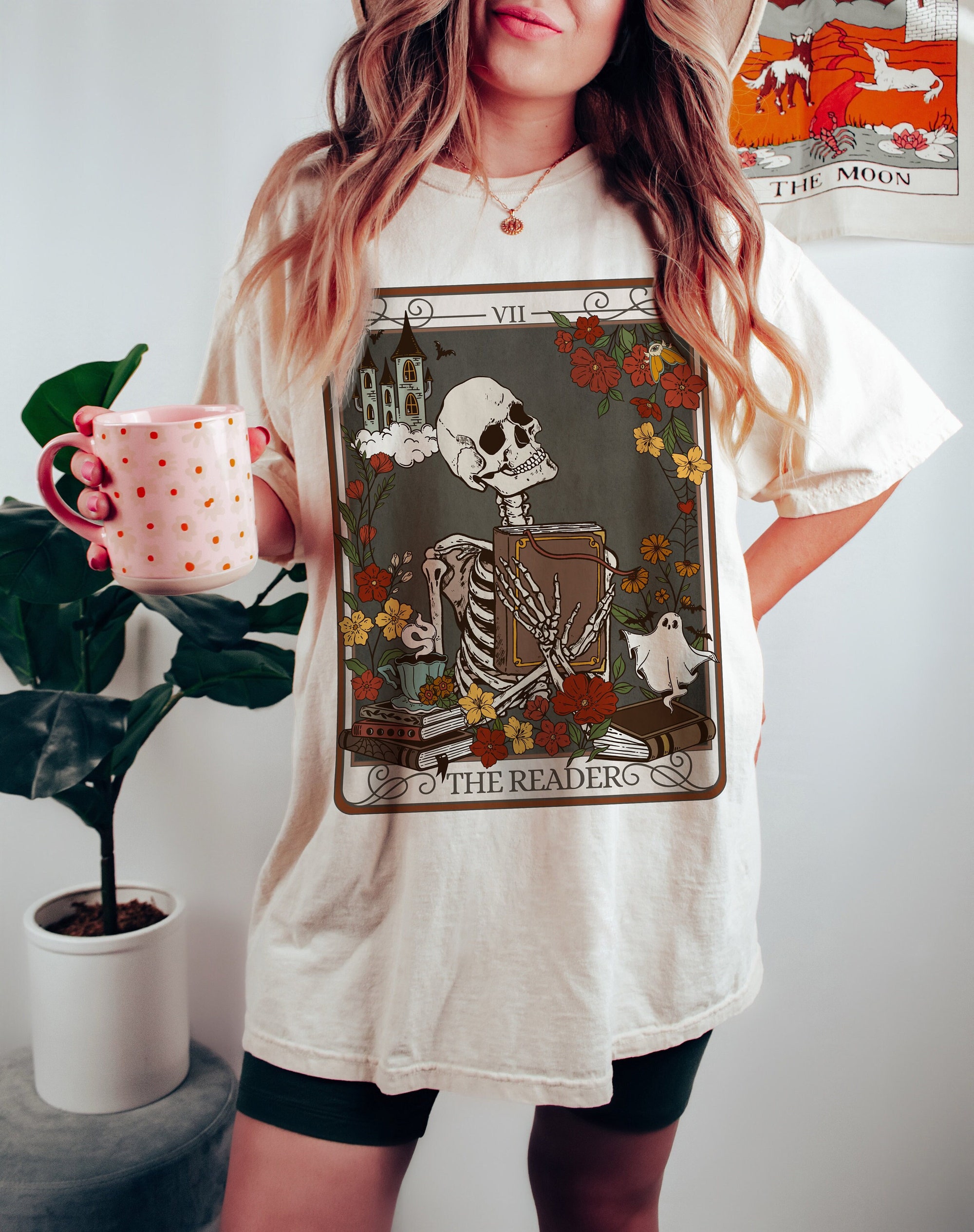 The Reader Tarot Card Book Lover Witchy Skeleton Reading Mystical Literature Shirt image 1