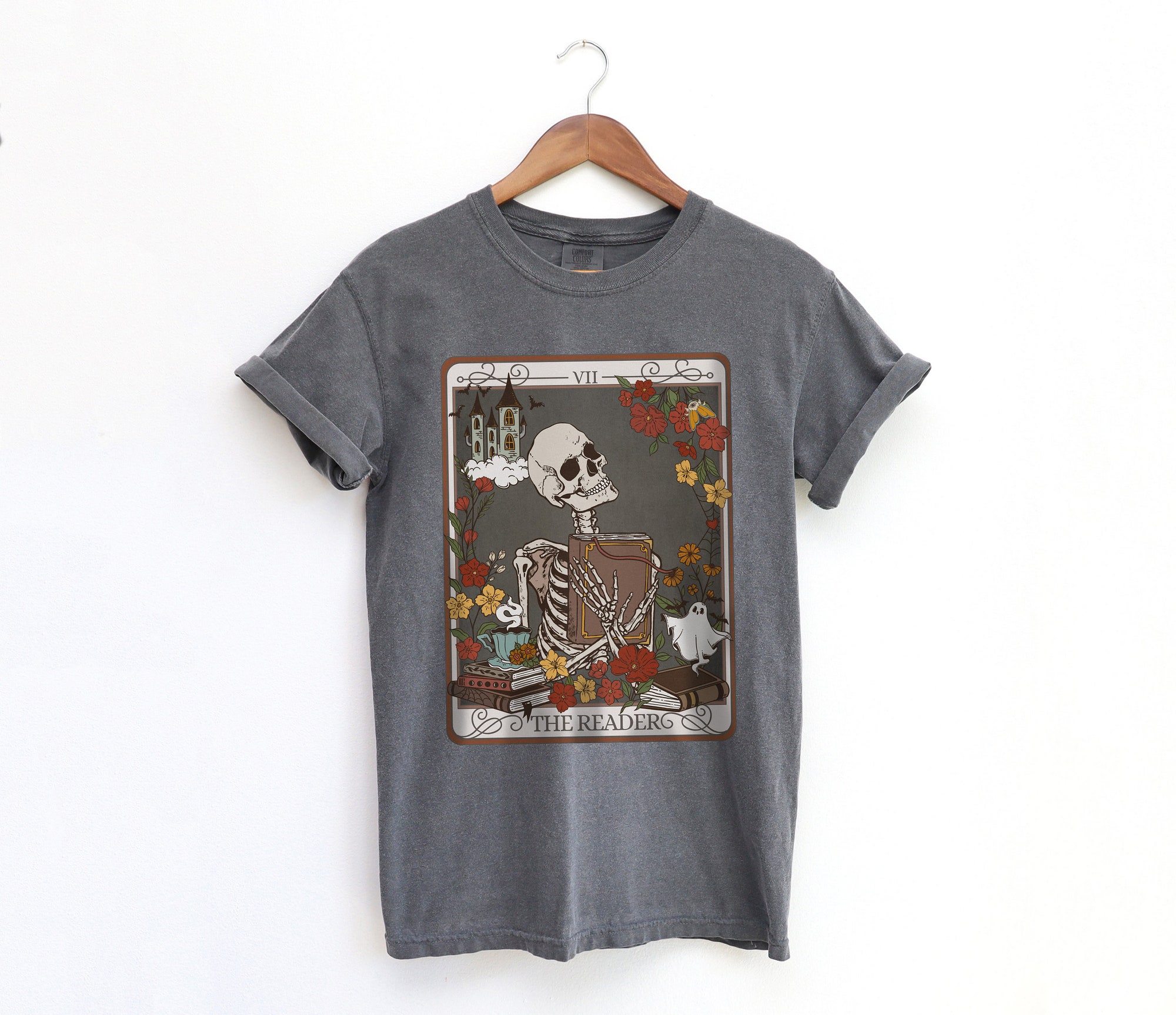 The Reader Tarot Card Book Lover Witchy Skeleton Reading Mystical Literature Shirt image 5