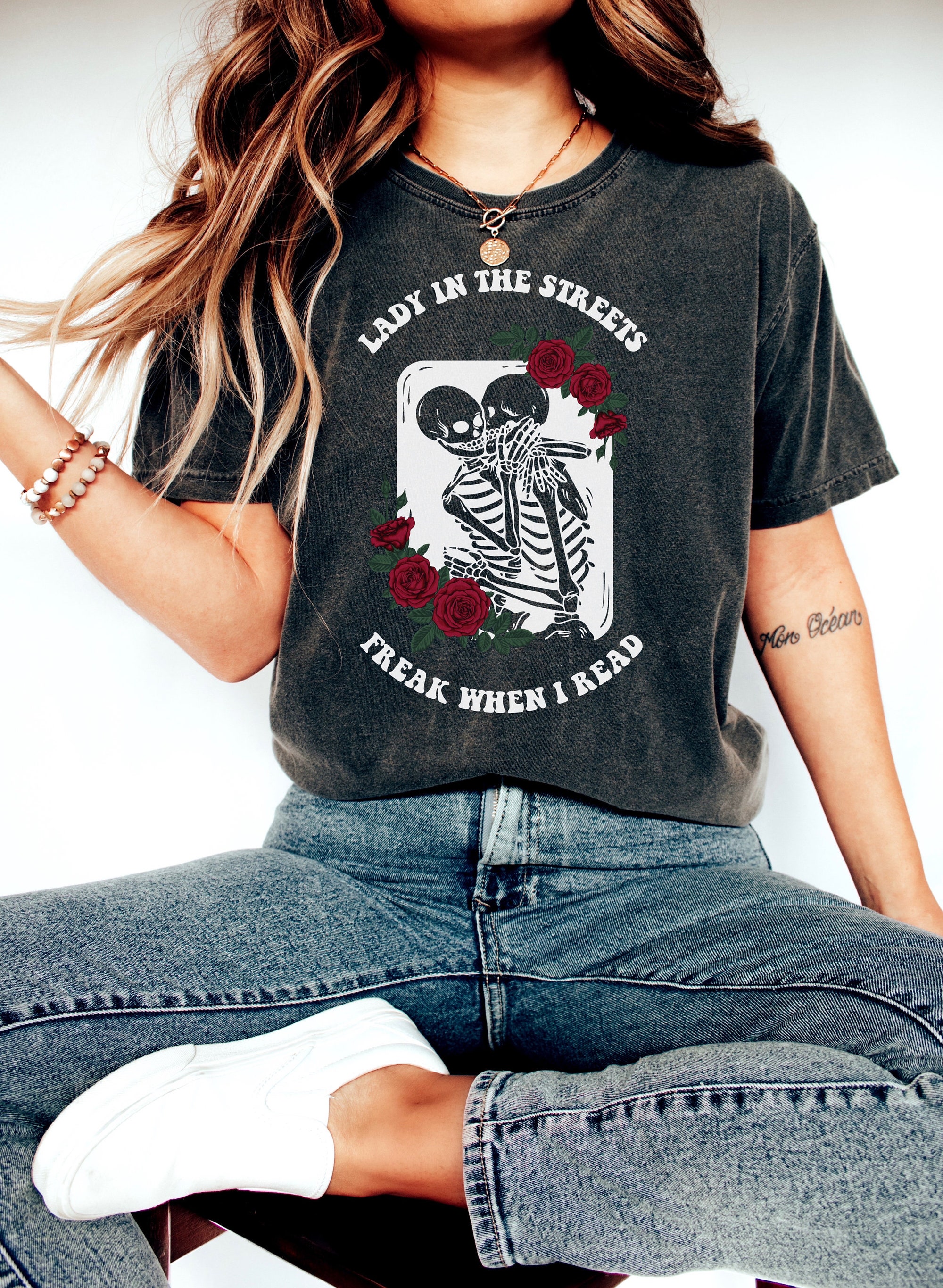 Lady In The Streets Smut Bookish Lover Reader Dark Romance Skeleton Shirt image 4