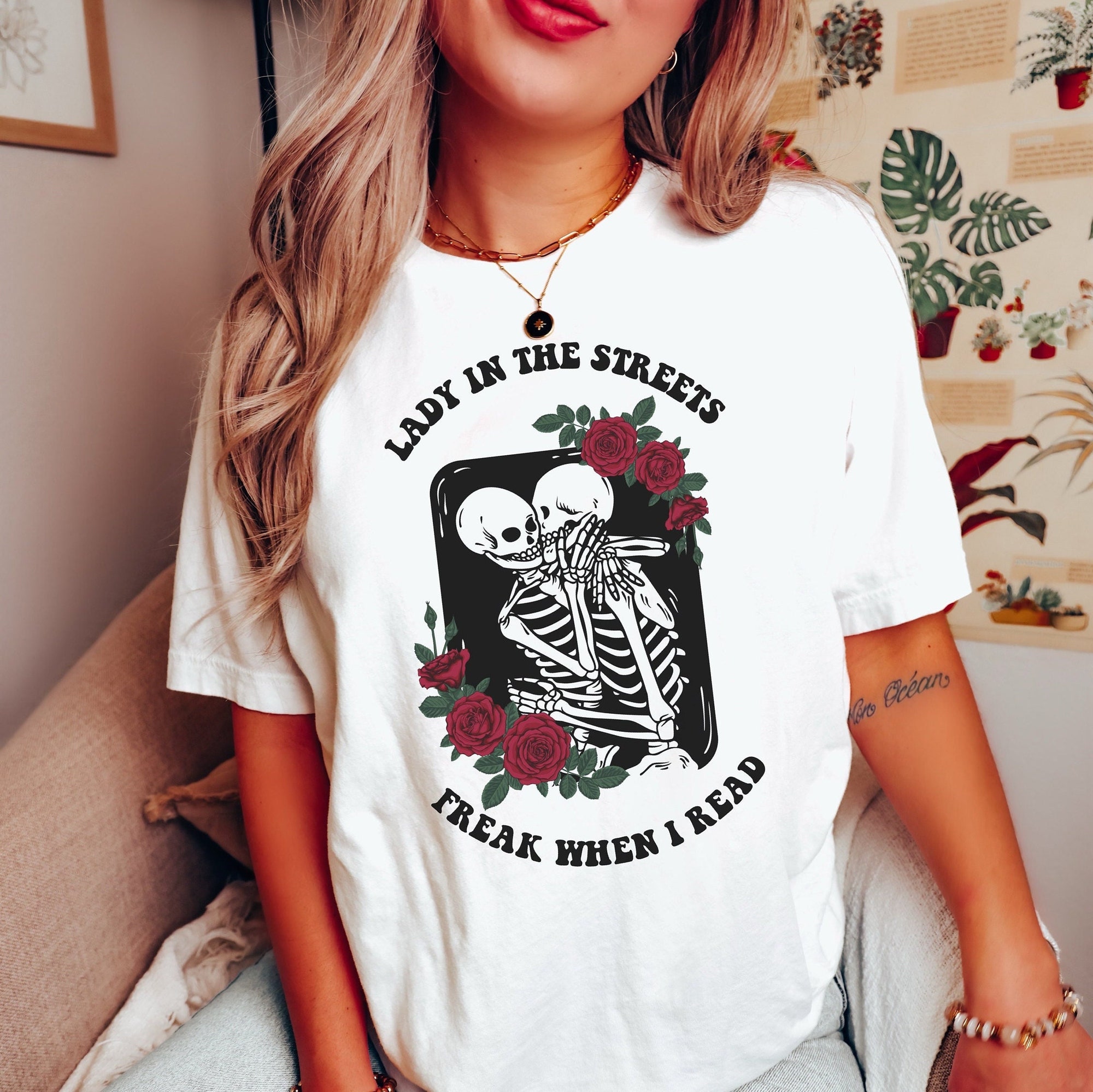 Lady In The Streets Smut Bookish Lover Reader Dark Romance Skeleton Shirt image 1