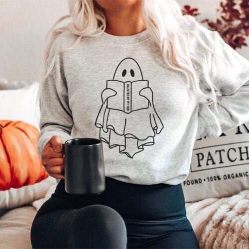 Haunted By My TBR Reading Ghost Bookish Halloween Fall Cute Funny Sweatshirt image 0