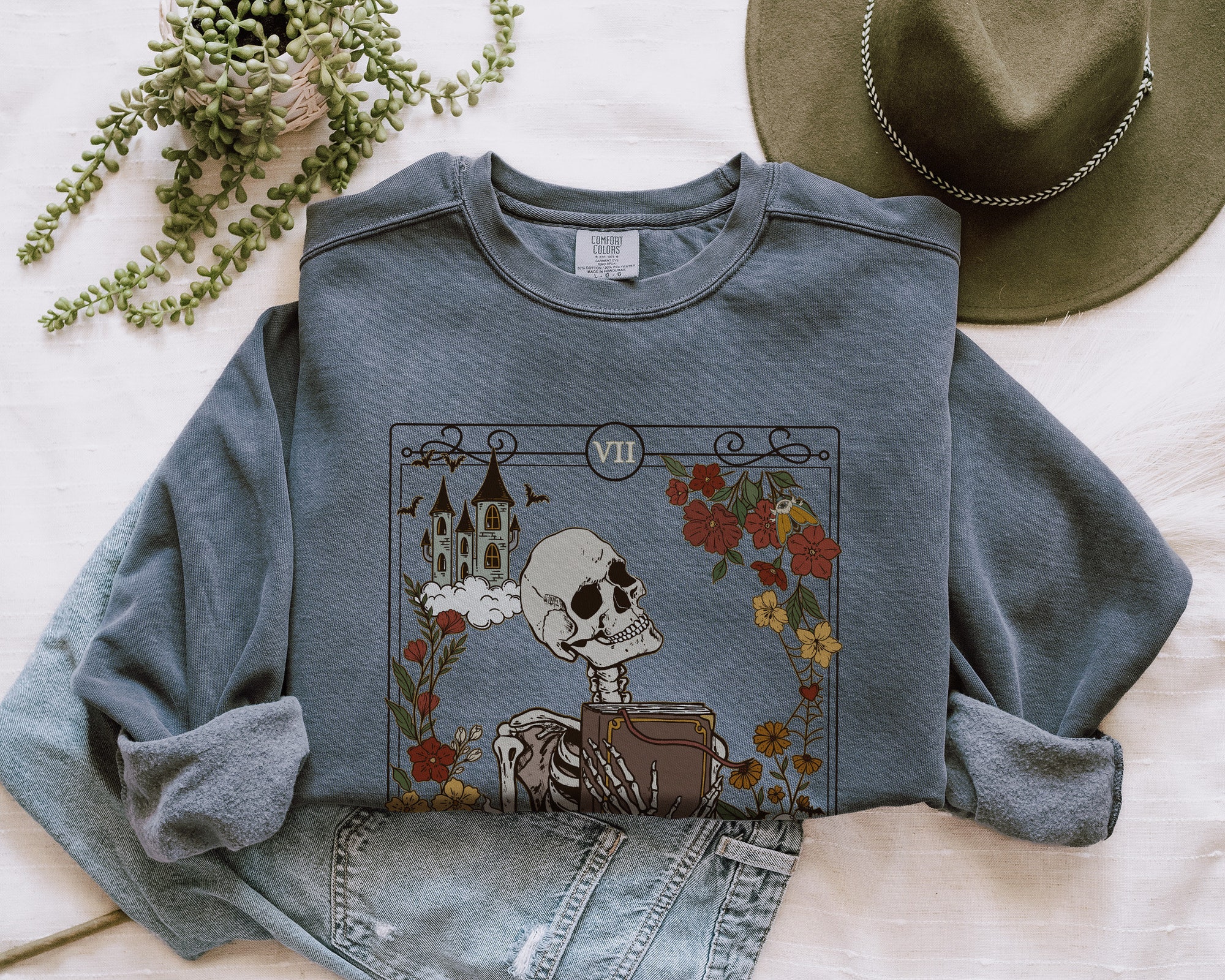 The Reader Tarot Card Bookish Witchy Skeleton Librarian Mystical Literature Sweatshirt image 6