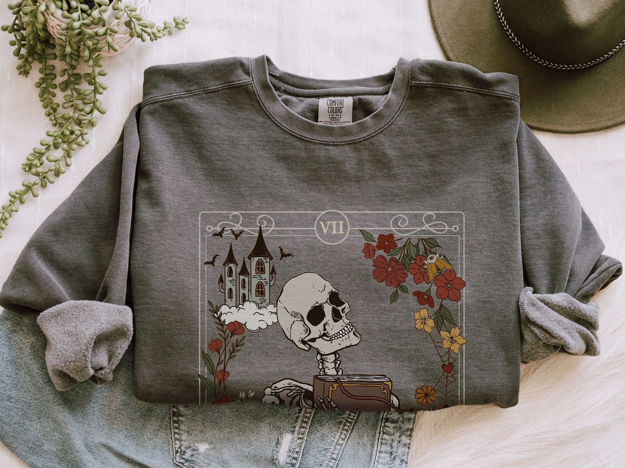 The Reader Tarot Card Bookish Witchy Skeleton Librarian Mystical Literature Sweatshirt image 7