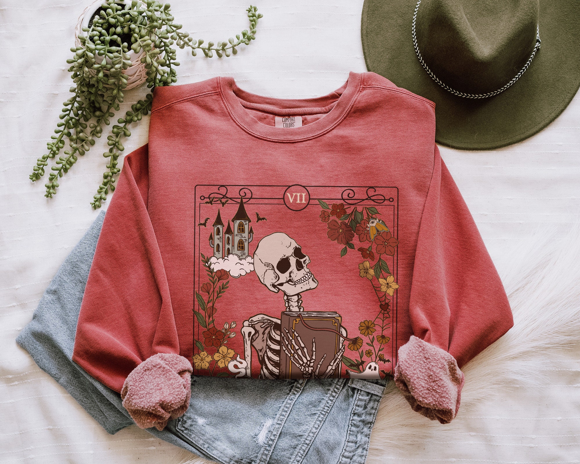 The Reader Tarot Card Bookish Witchy Skeleton Librarian Mystical Literature Sweatshirt image 5