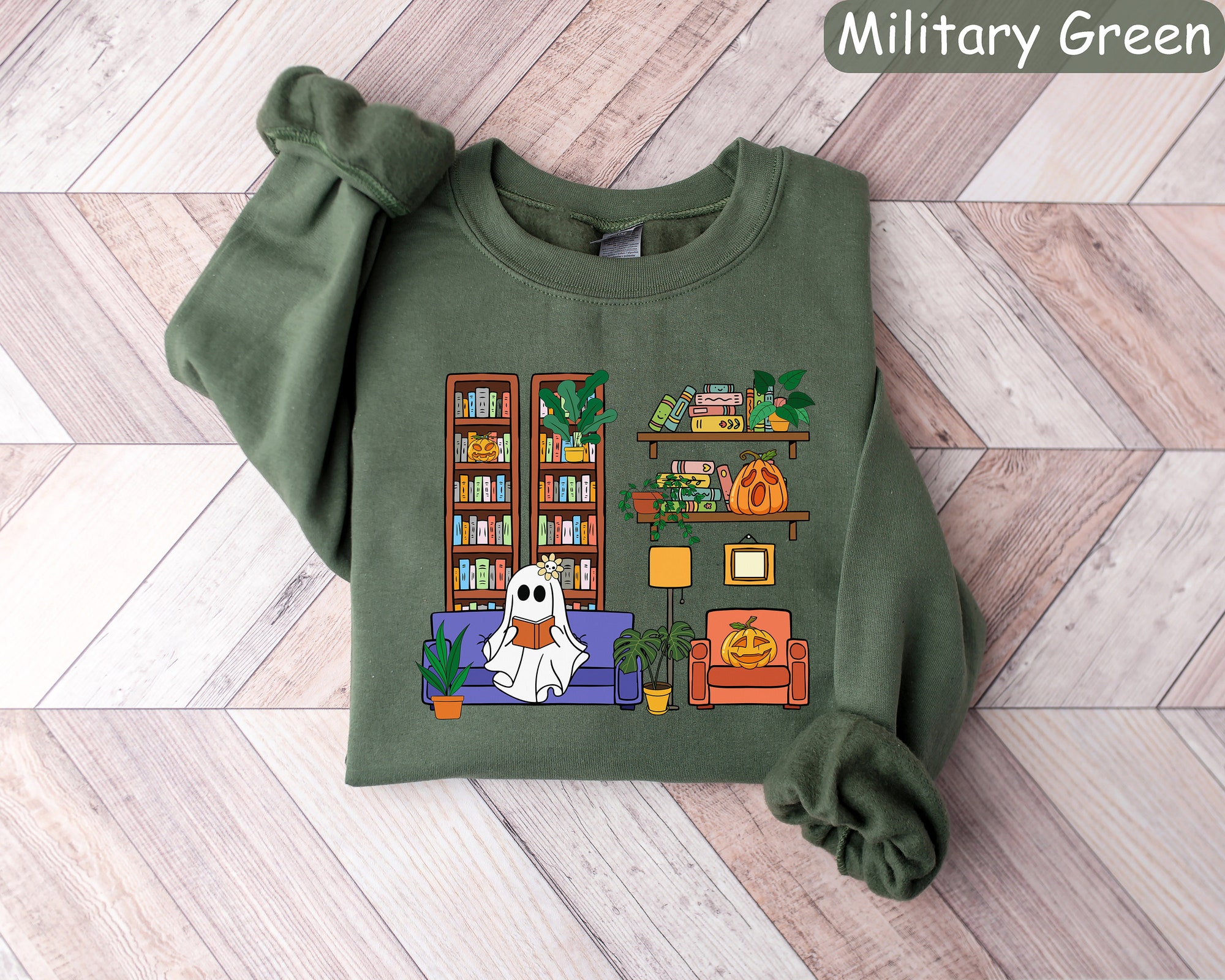 Reading Ghost Halloween Book Lovers Librarian Spooky Season Sweatshirt image 2