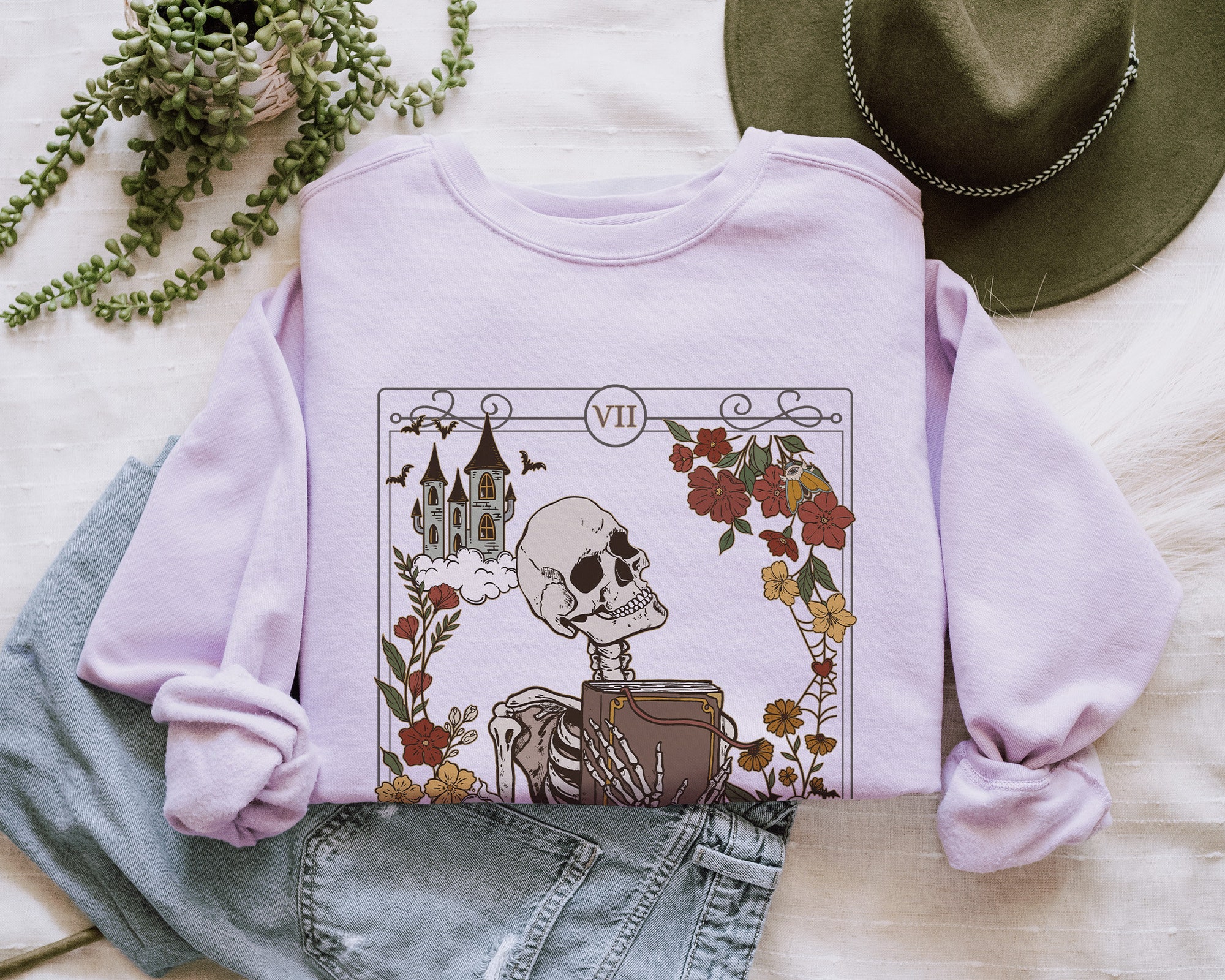 The Reader Tarot Card Bookish Witchy Skeleton Librarian Mystical Literature Sweatshirt image 1