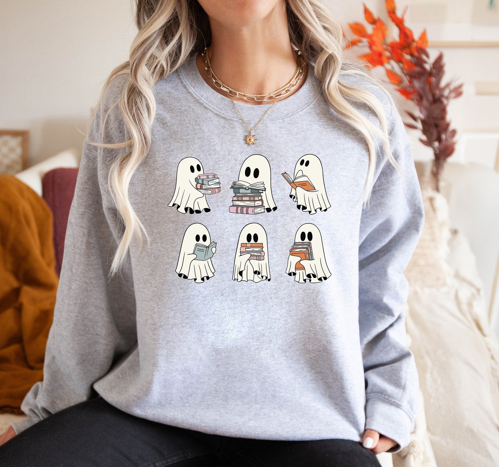 Ghost Reading Books Halloween Librarian Funny Sweatshirt image 2