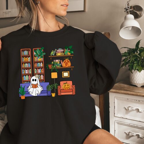 Reading Ghost Halloween Book Lovers Librarian Spooky Season Sweatshirt image 0