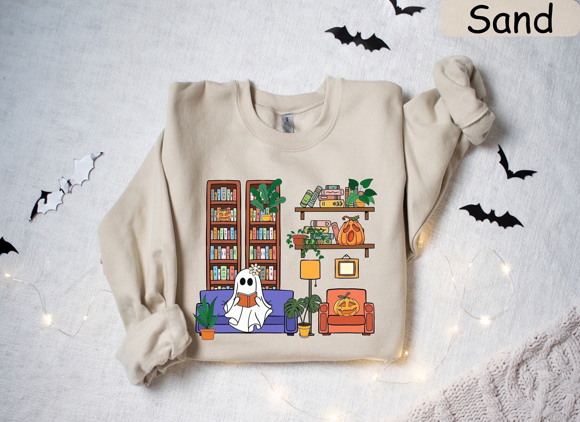 Reading Ghost Halloween Book Lovers Librarian Spooky Season Sweatshirt image 1