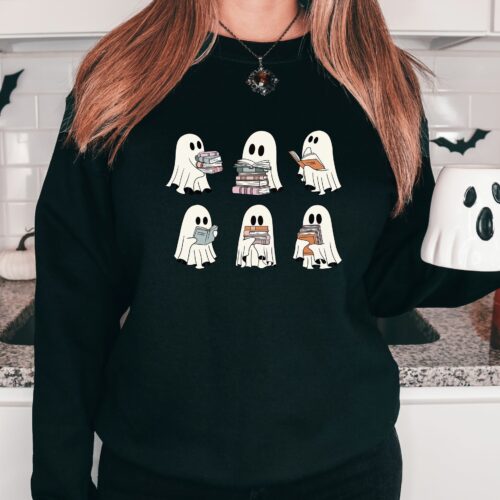 Ghost Reading Books Halloween Librarian Funny Sweatshirt image 0