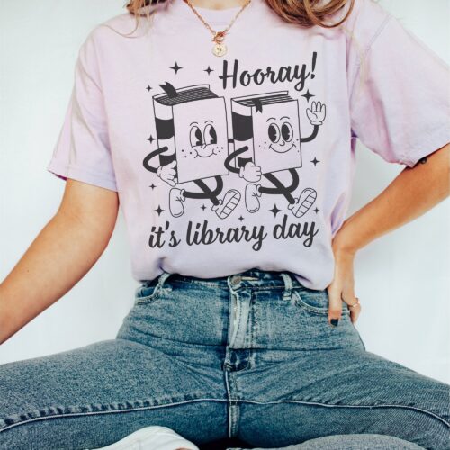 Retro Hooray It's Library Day Reading Funny Book Cute Teachers Lover Shirt image 0