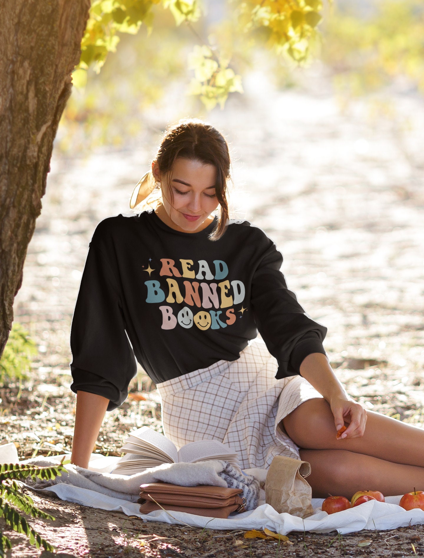 Retro Read Banned Books Literature Librarian Indie Smiley Face Sweatshirt image 1