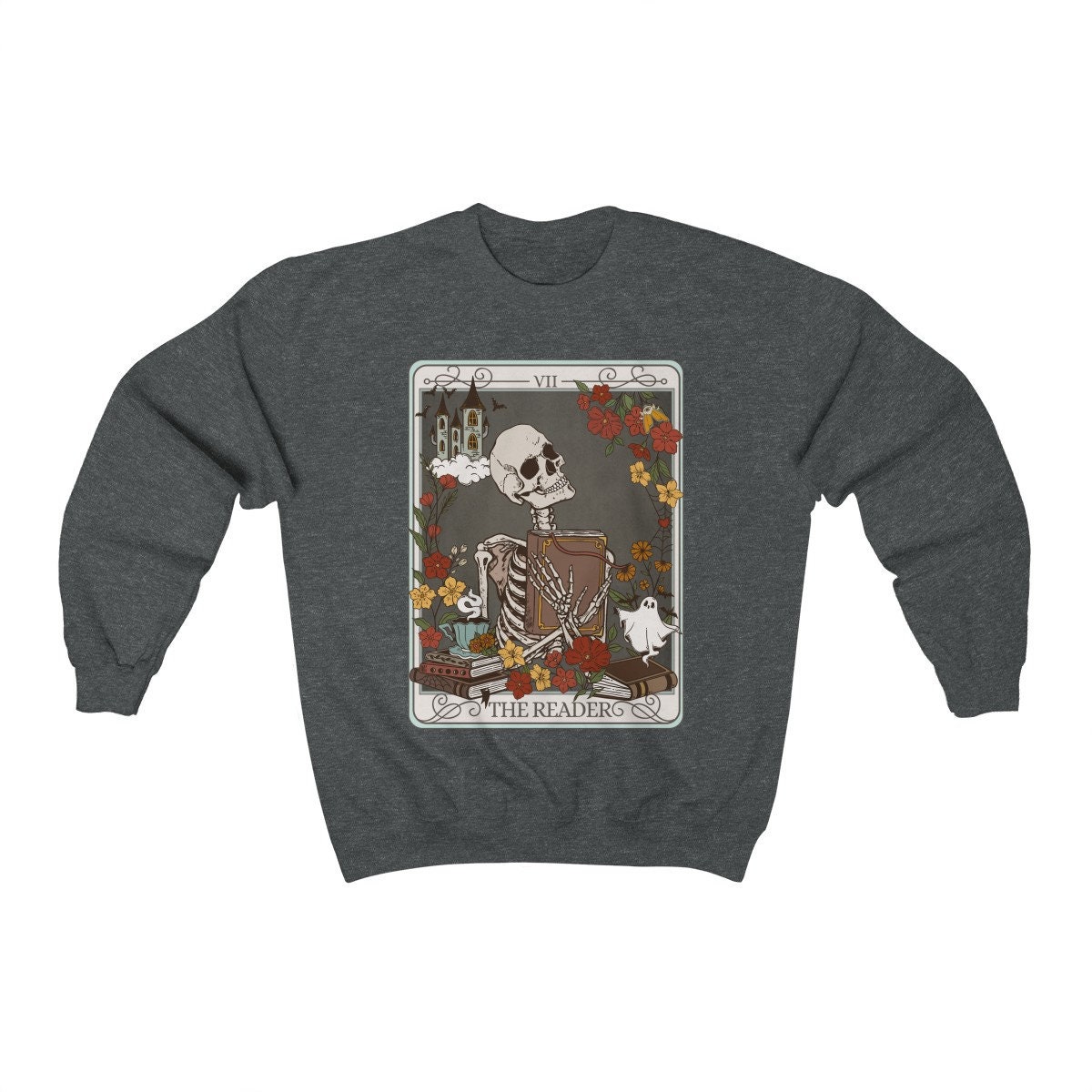 The Reader Tarot Card Skeleton Ghost Halloween Book Lover Women's Sweatshirt image 5