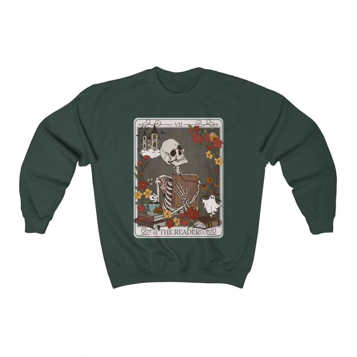 The Reader Tarot Card Skeleton Ghost Halloween Book Lover Women's Sweatshirt image 2