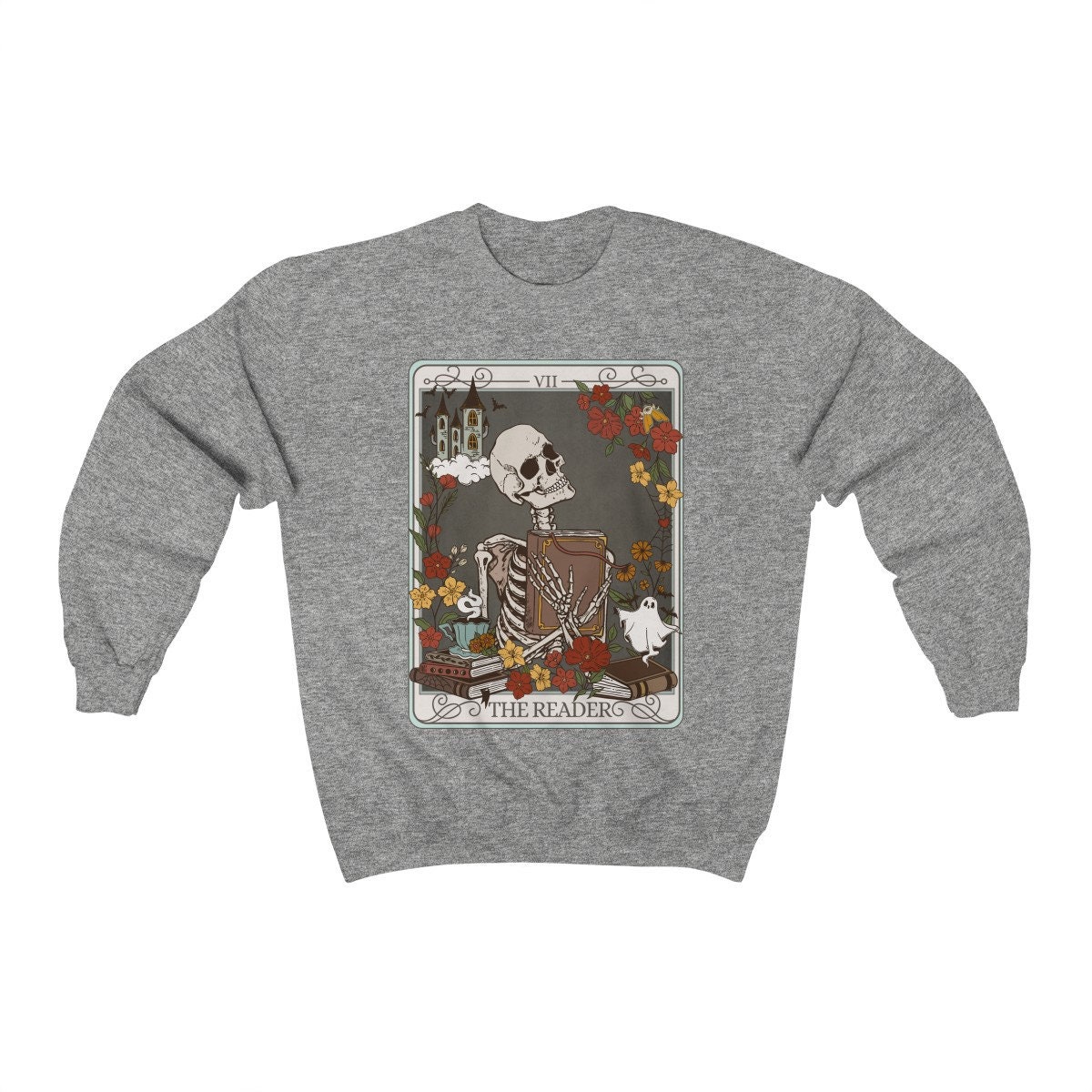 The Reader Tarot Card Skeleton Ghost Halloween Book Lover Women's Sweatshirt image 3