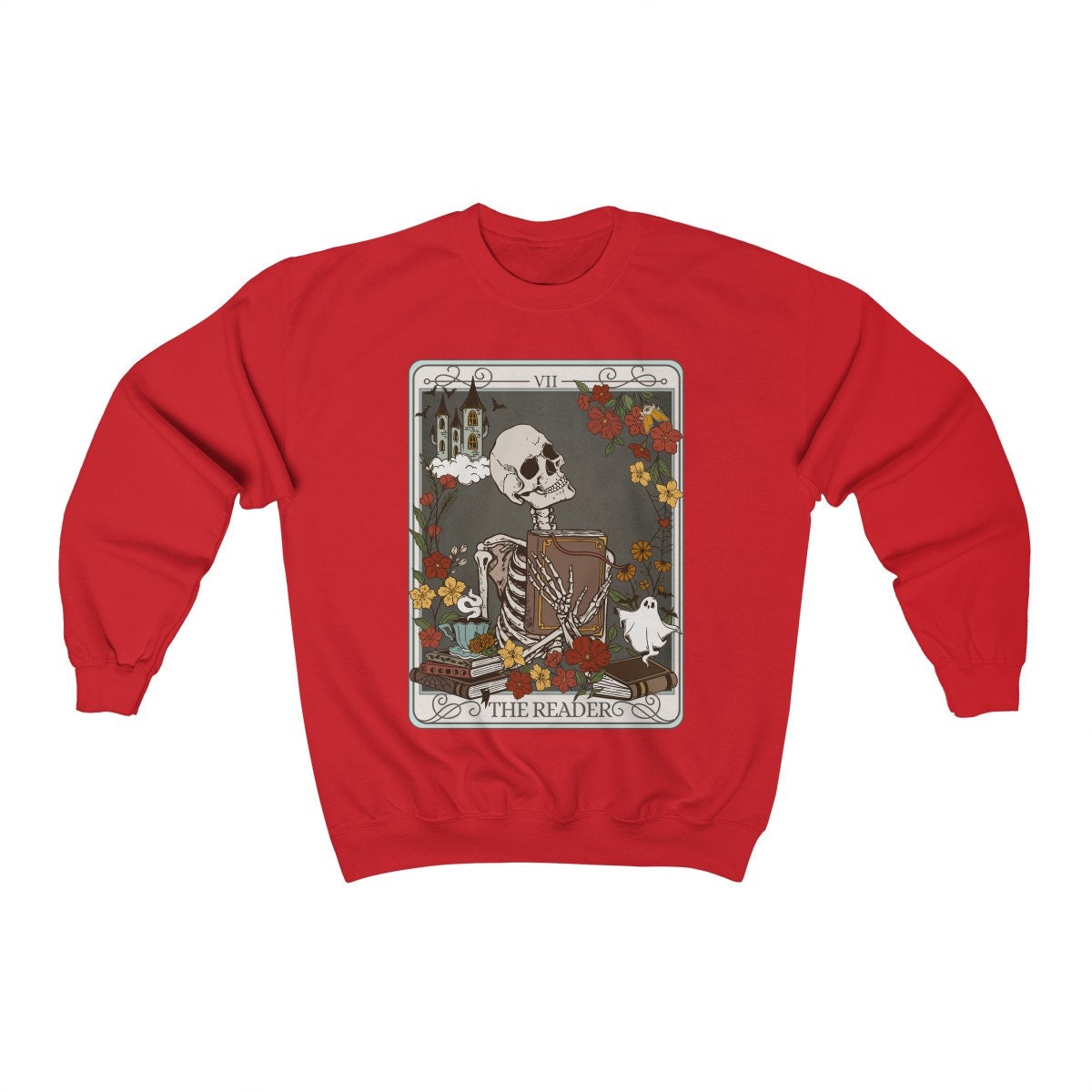 The Reader Tarot Card Skeleton Ghost Halloween Book Lover Women's Sweatshirt image 4