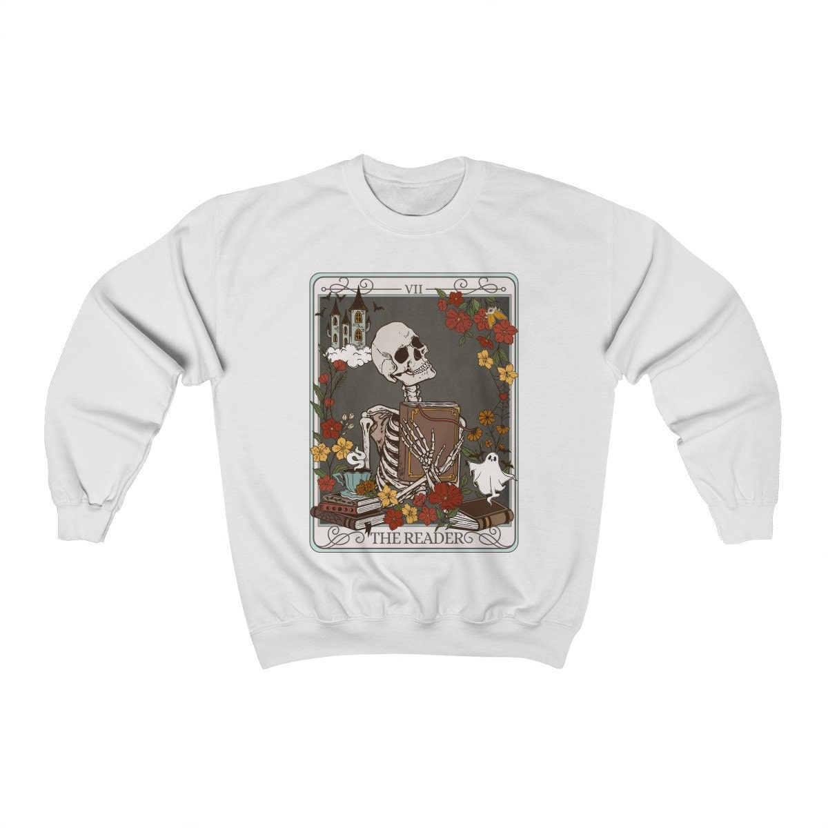 The Reader Tarot Card Skeleton Ghost Halloween Book Lover Women's Sweatshirt image 6