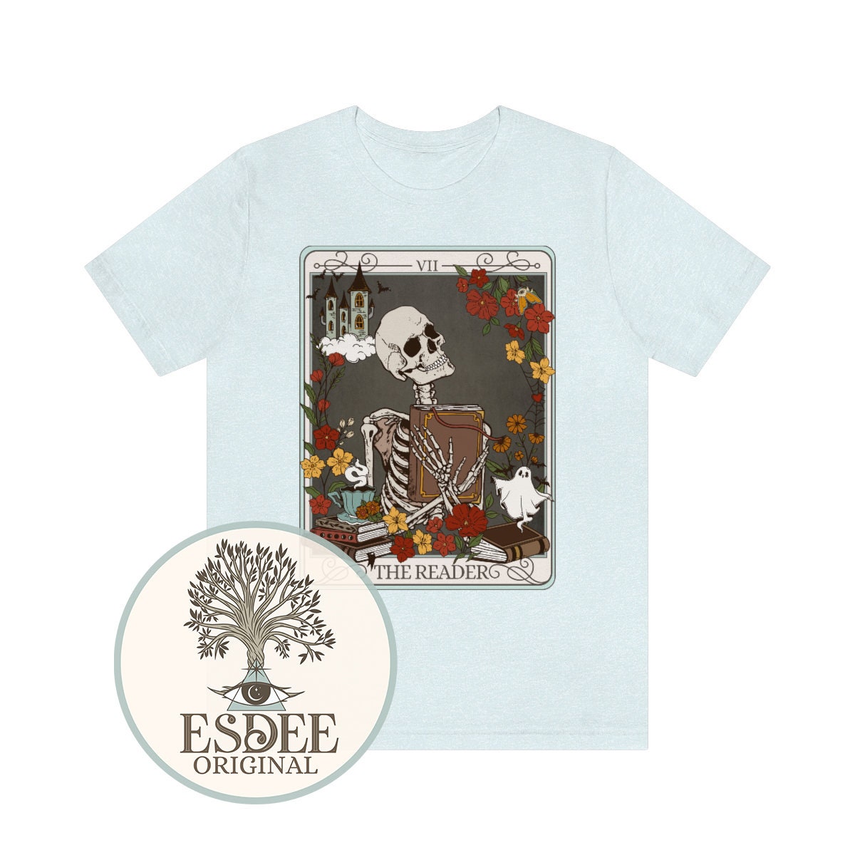 The Reader Tarot Card Bookish Witchy Stuff Mystical Literature Skeleton Librarian Shirt image 7