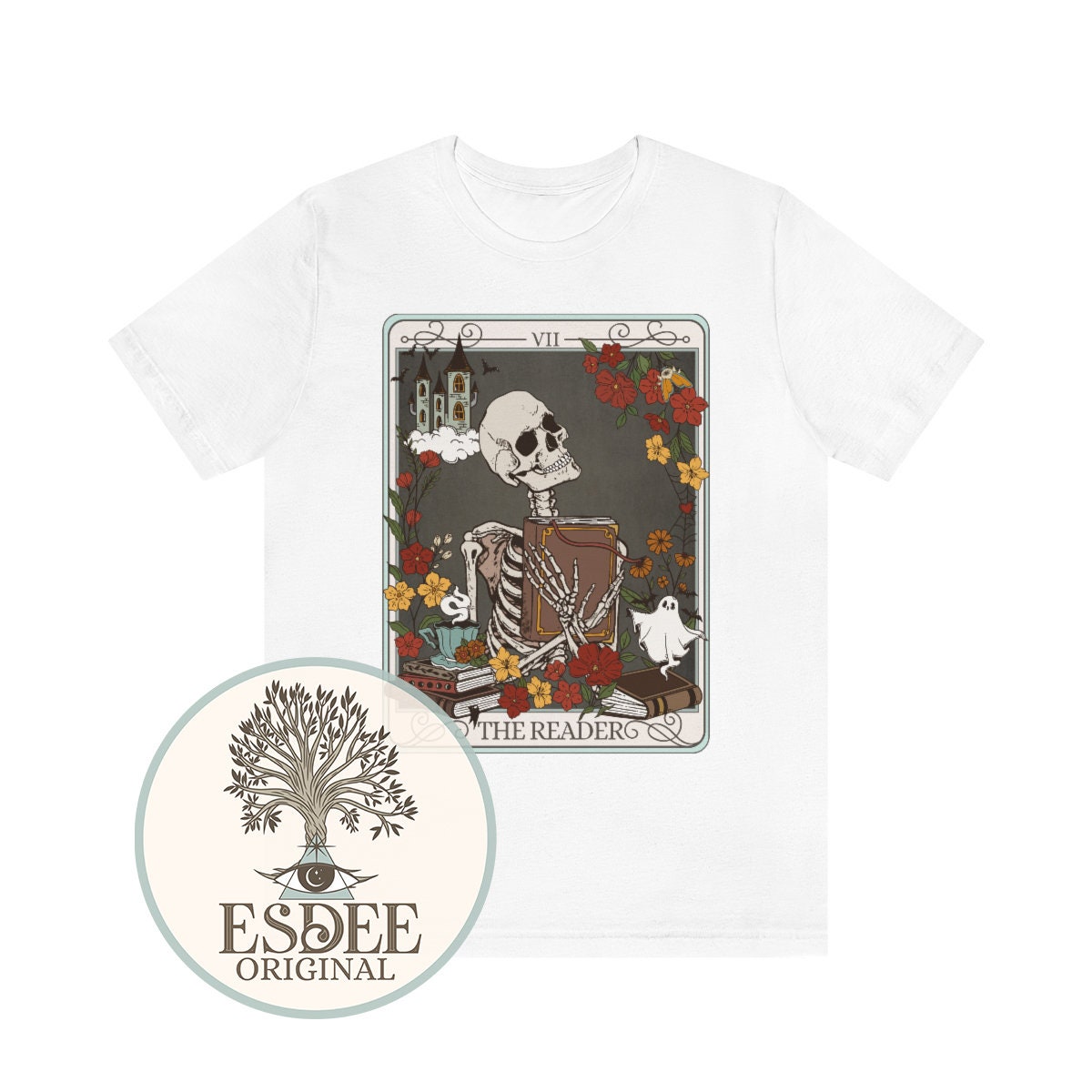 The Reader Tarot Card Bookish Witchy Stuff Mystical Literature Skeleton Librarian Shirt image 9