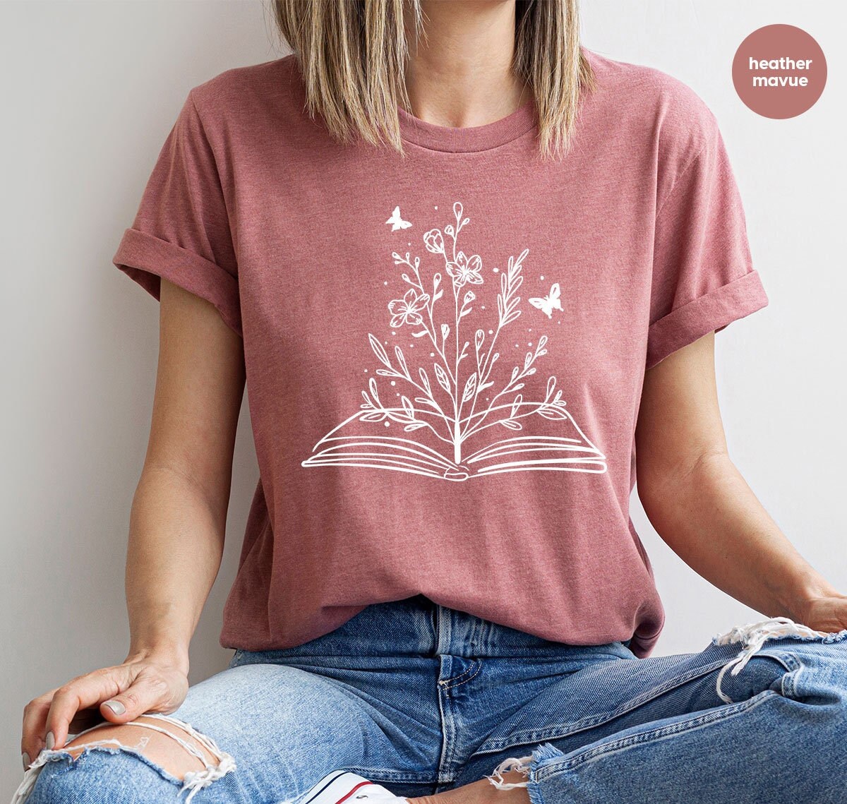 Minimalist Reading Book Wild Flower Floral Book Bookworm Librarian Shirt image 1