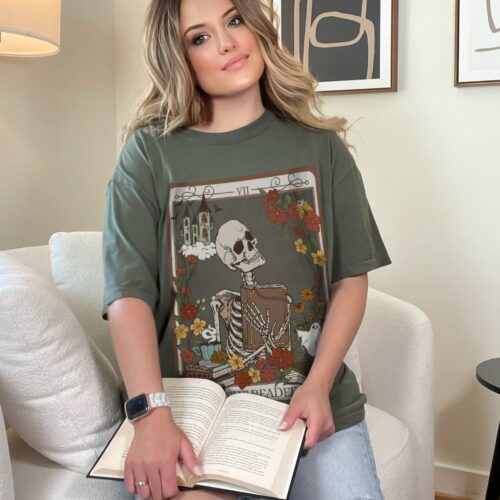 The Reader Tarot Card Book Lover Witchy Skeleton Reading Mystical Literature Shirt image 0