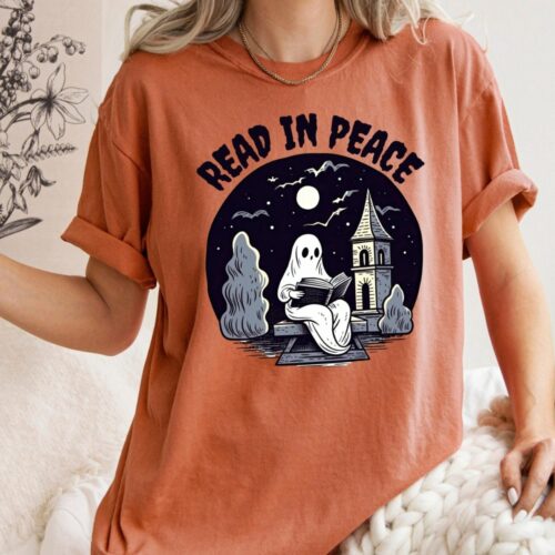 Retro Halloween Ghost Reading Book Teacher Librarian Spooky Season Trendy Lover Shirt image 0