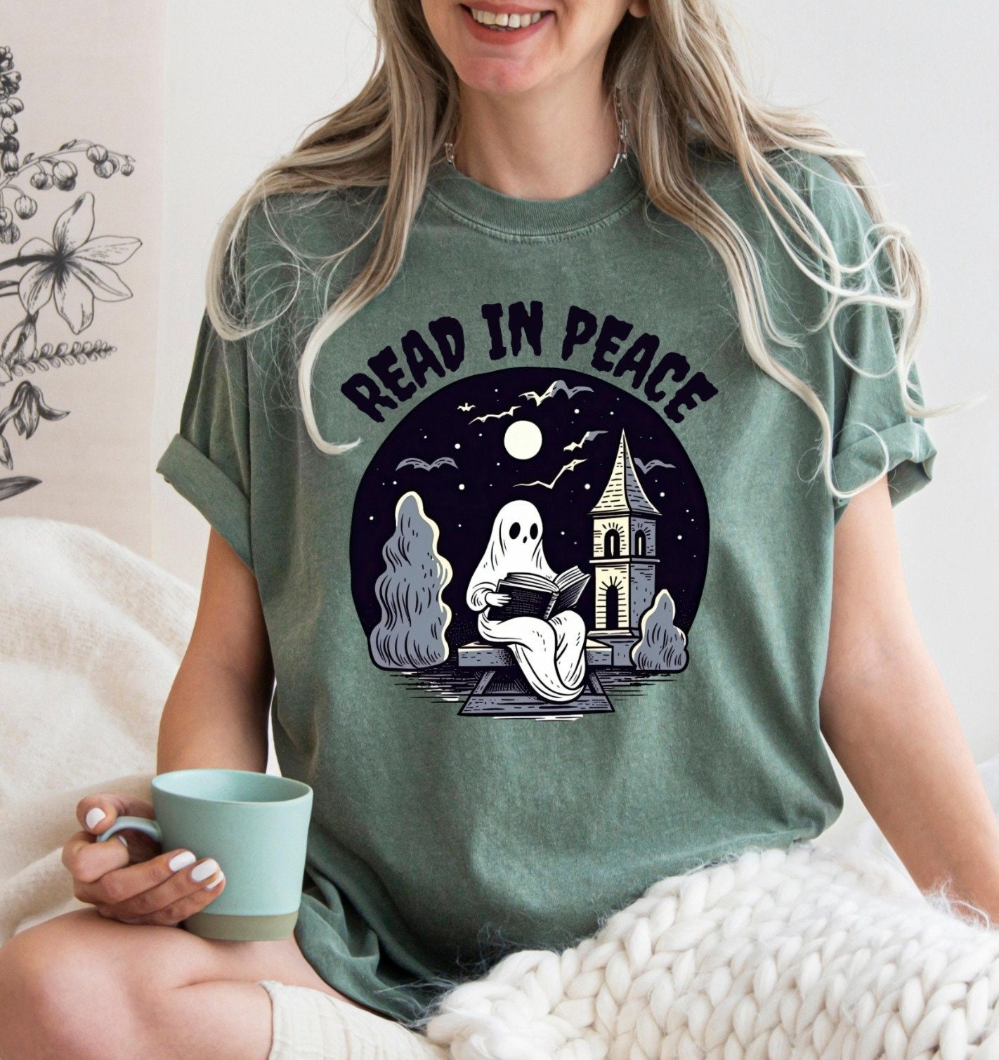 Retro Halloween Ghost Reading Book Teacher Librarian Spooky Season Trendy Lover Shirt image 4